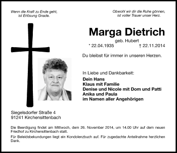 Traueranzeige von Marga Dietrich von Hersbrucker Zeitung